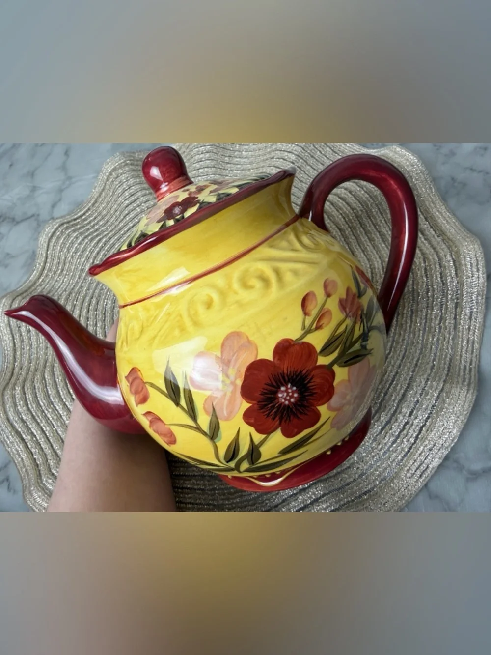 Summer Color Handpainted Teapot Casa Vero By ACK, Floral, Tuscan Style Farmhouse